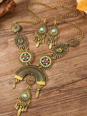 059 Yellow Color Bohemian Style Colorful Drop Necklace Set